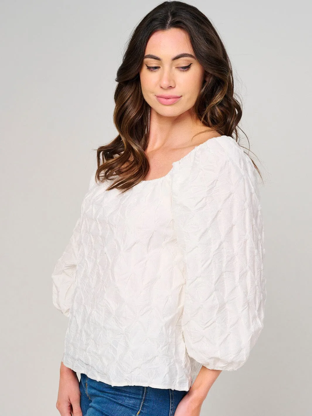 WOMEN'S 3/4 PUFF SLEEVE SQUARE NECK DETAILED BLOUSE