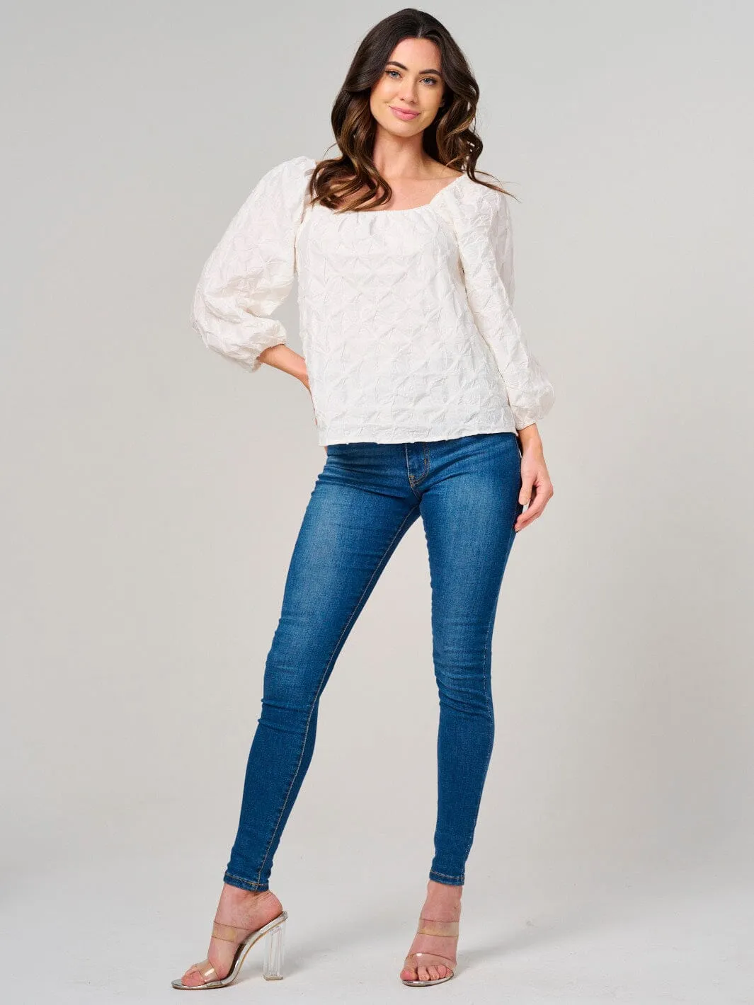 WOMEN'S 3/4 PUFF SLEEVE SQUARE NECK DETAILED BLOUSE