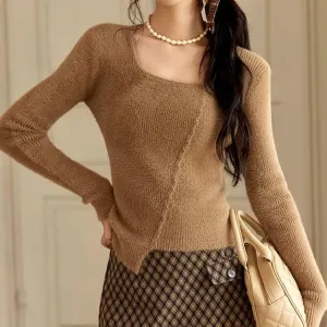 Women's Asymmetric Casual Knitted Sweater with Square Neck – Fall/Winter 2024