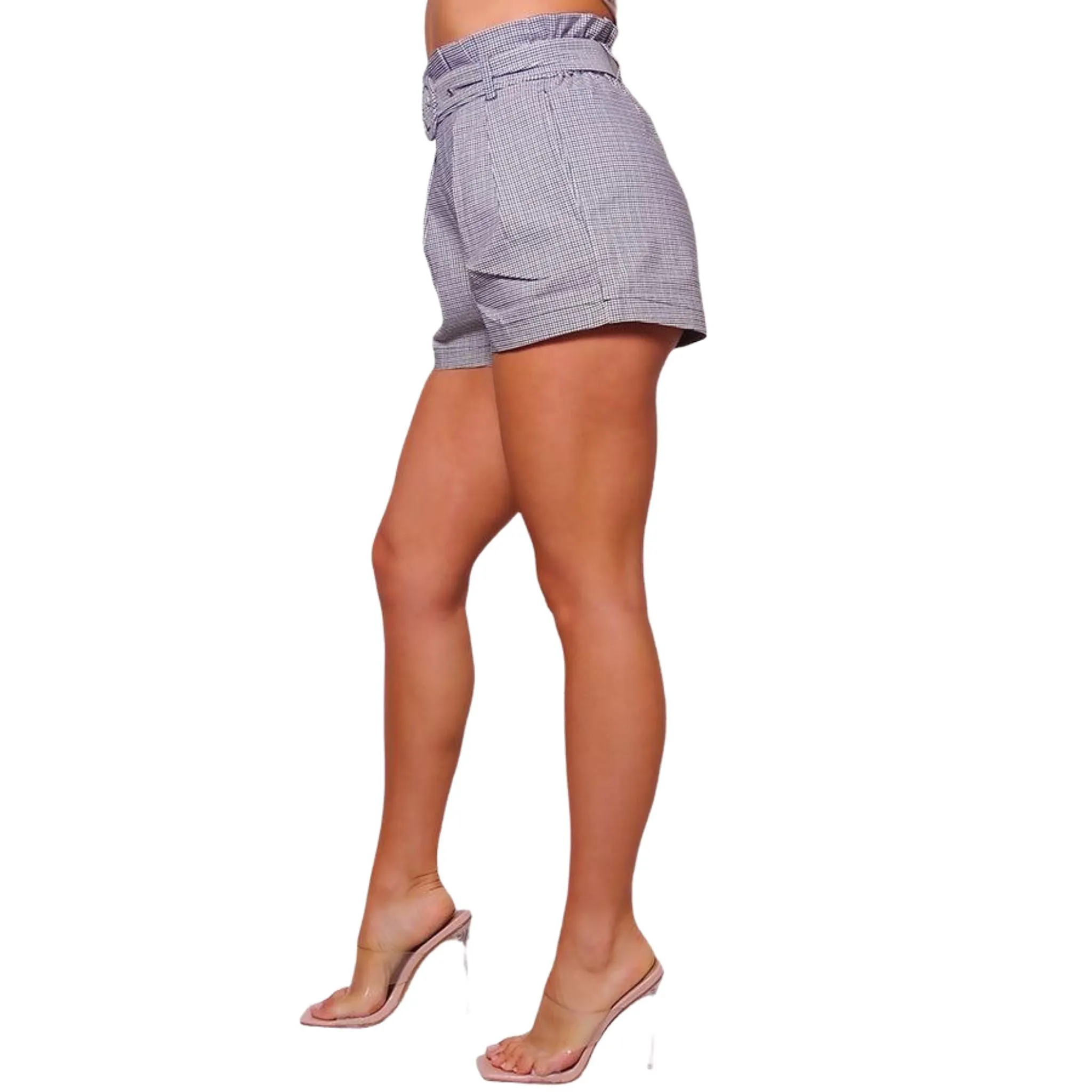 Women's Brown Pleated Plaid Shorts with Belt
