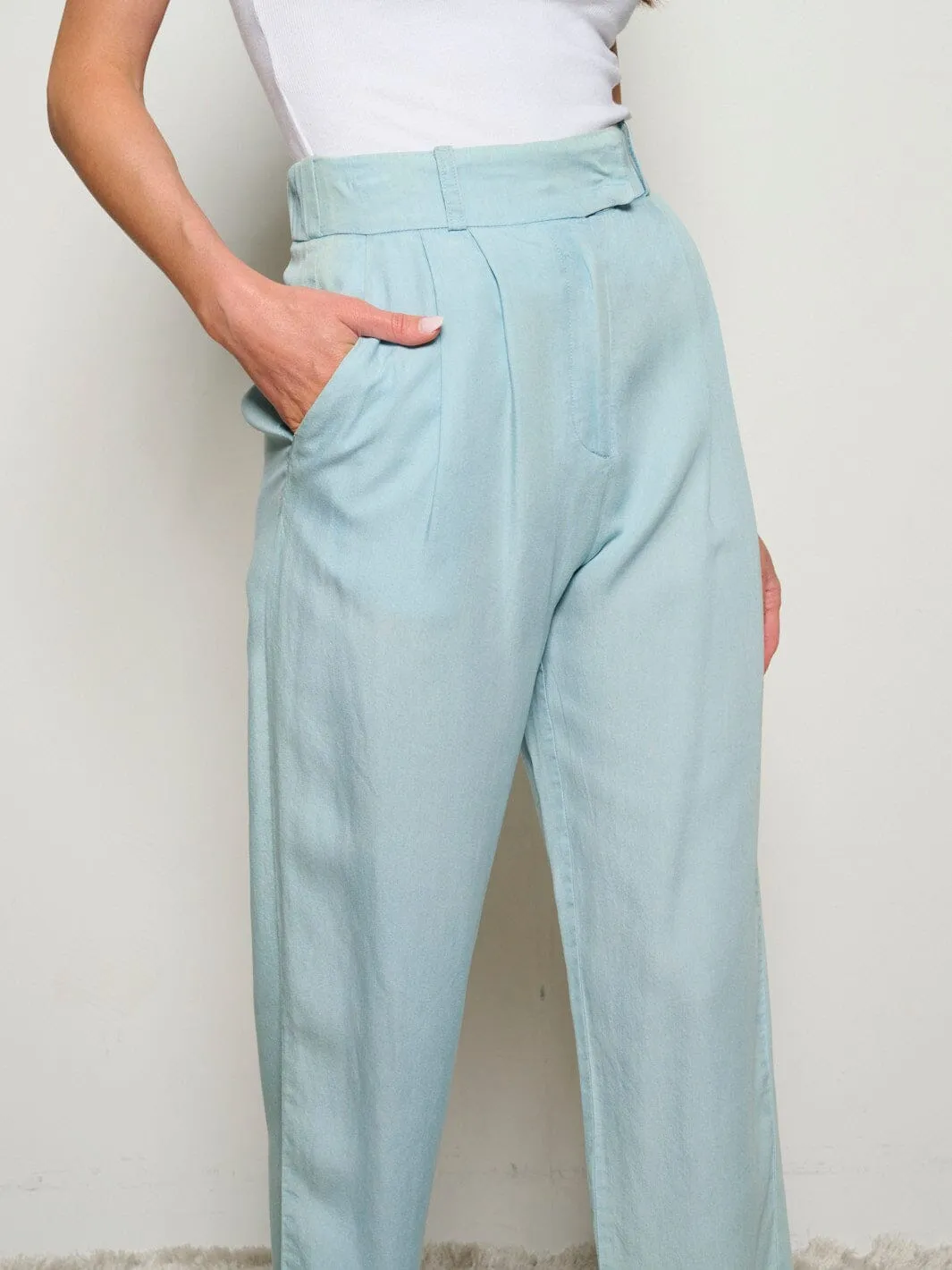 WOMEN'S BUTTON CLOSURE POCKETS WIDE LEG CHAMBRAY PANTS