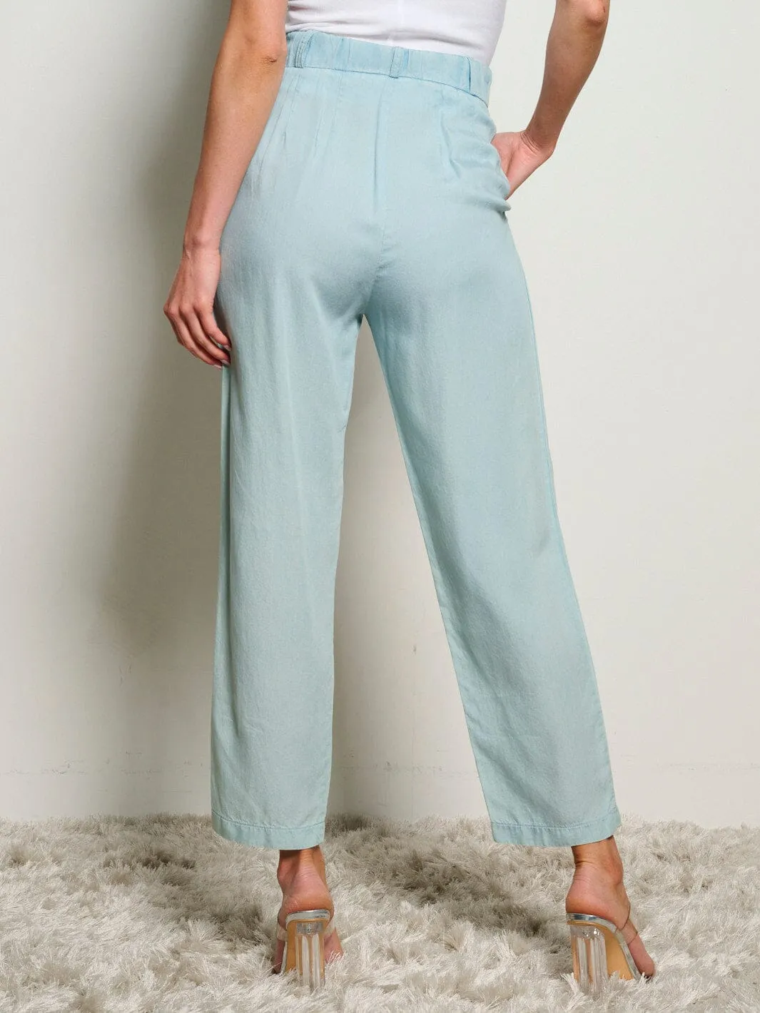 WOMEN'S BUTTON CLOSURE POCKETS WIDE LEG CHAMBRAY PANTS