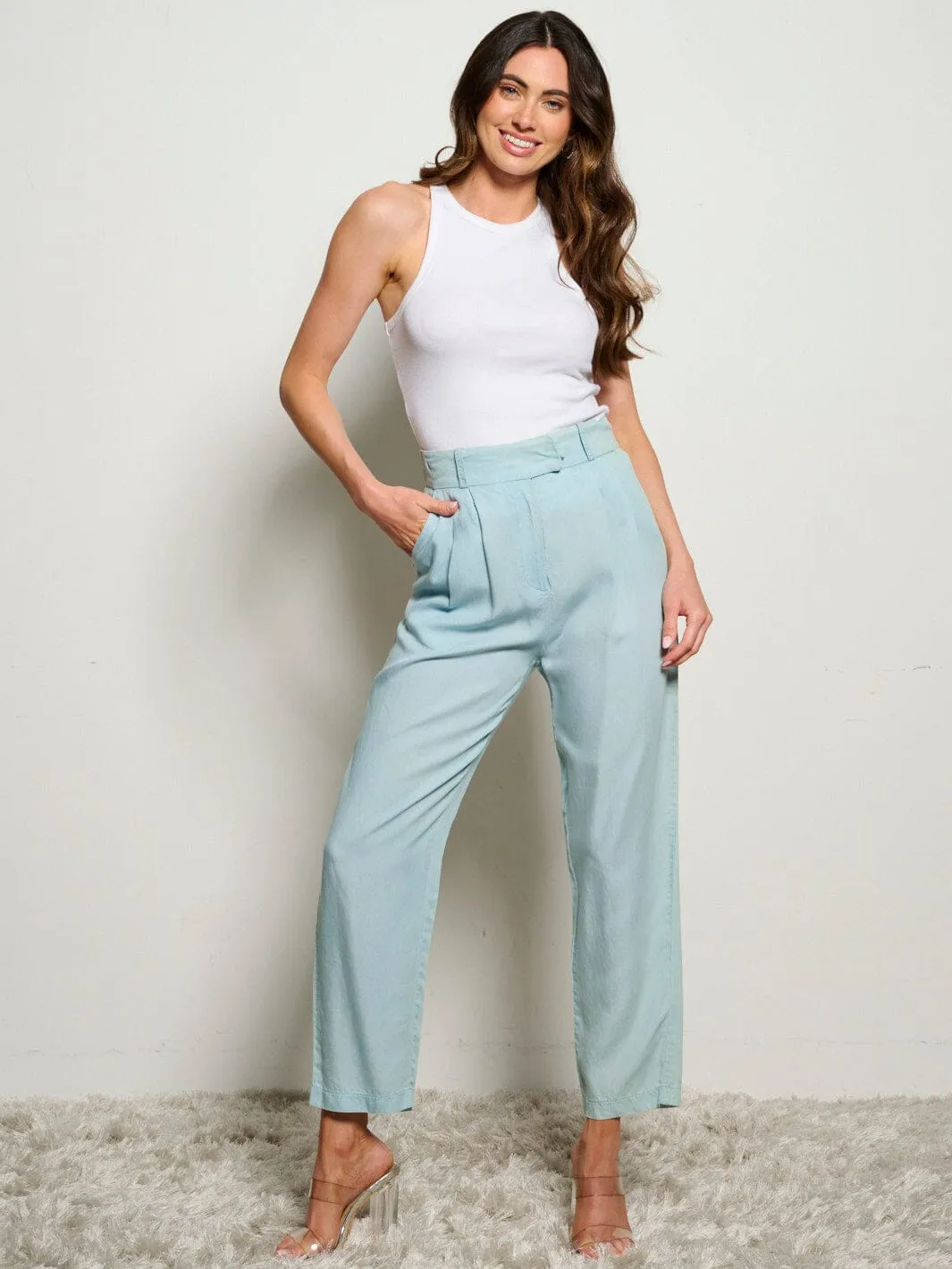 WOMEN'S BUTTON CLOSURE POCKETS WIDE LEG CHAMBRAY PANTS