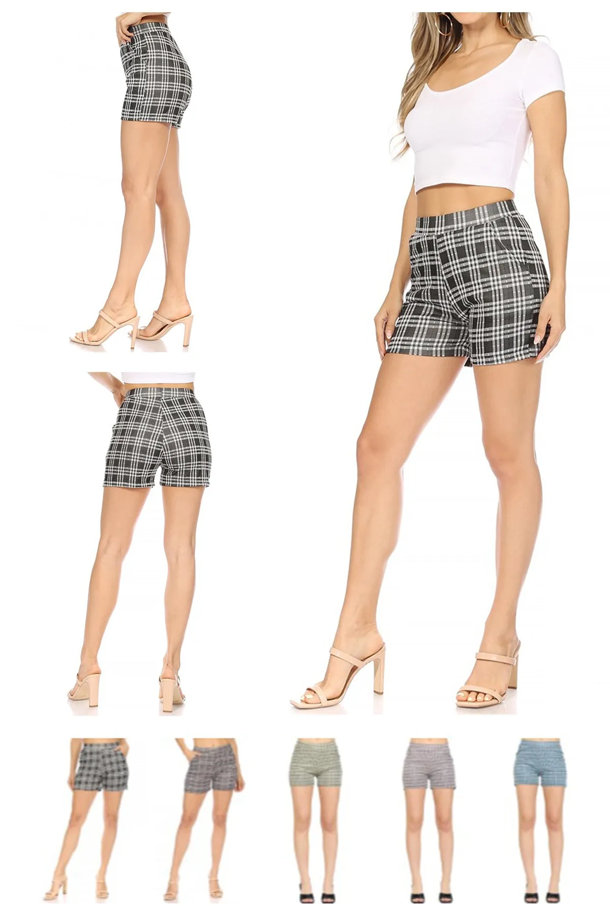 Women's Casual Plaid Print Fitted High Waist Shorts With Pocket