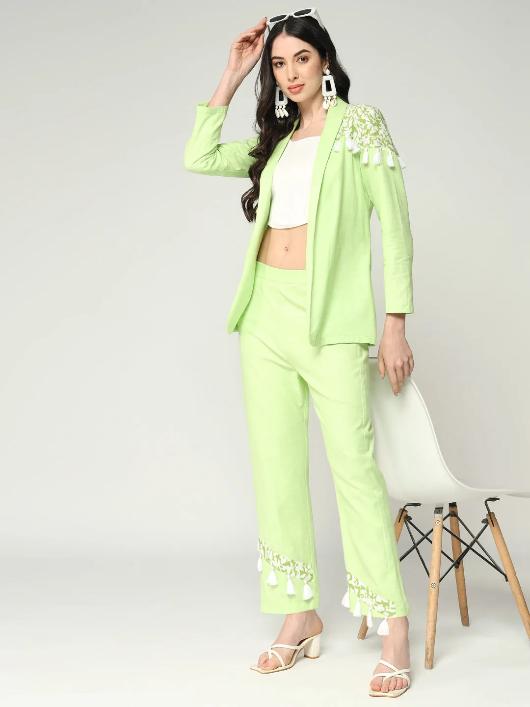 Women's Chambray Blazer With Printed Colorblocking  Highlighted With Tassels And Matching Pants