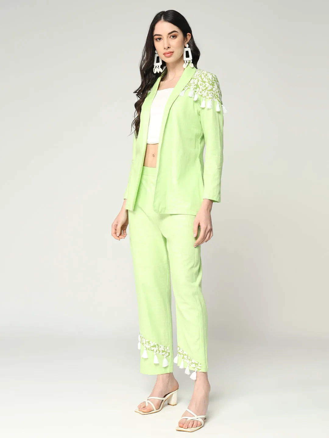 Women's Chambray Blazer With Printed Colorblocking  Highlighted With Tassels And Matching Pants