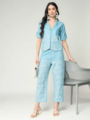 Women's Chambray Cotton Printed Stylish Cut Collared Top With Matching Pant Set