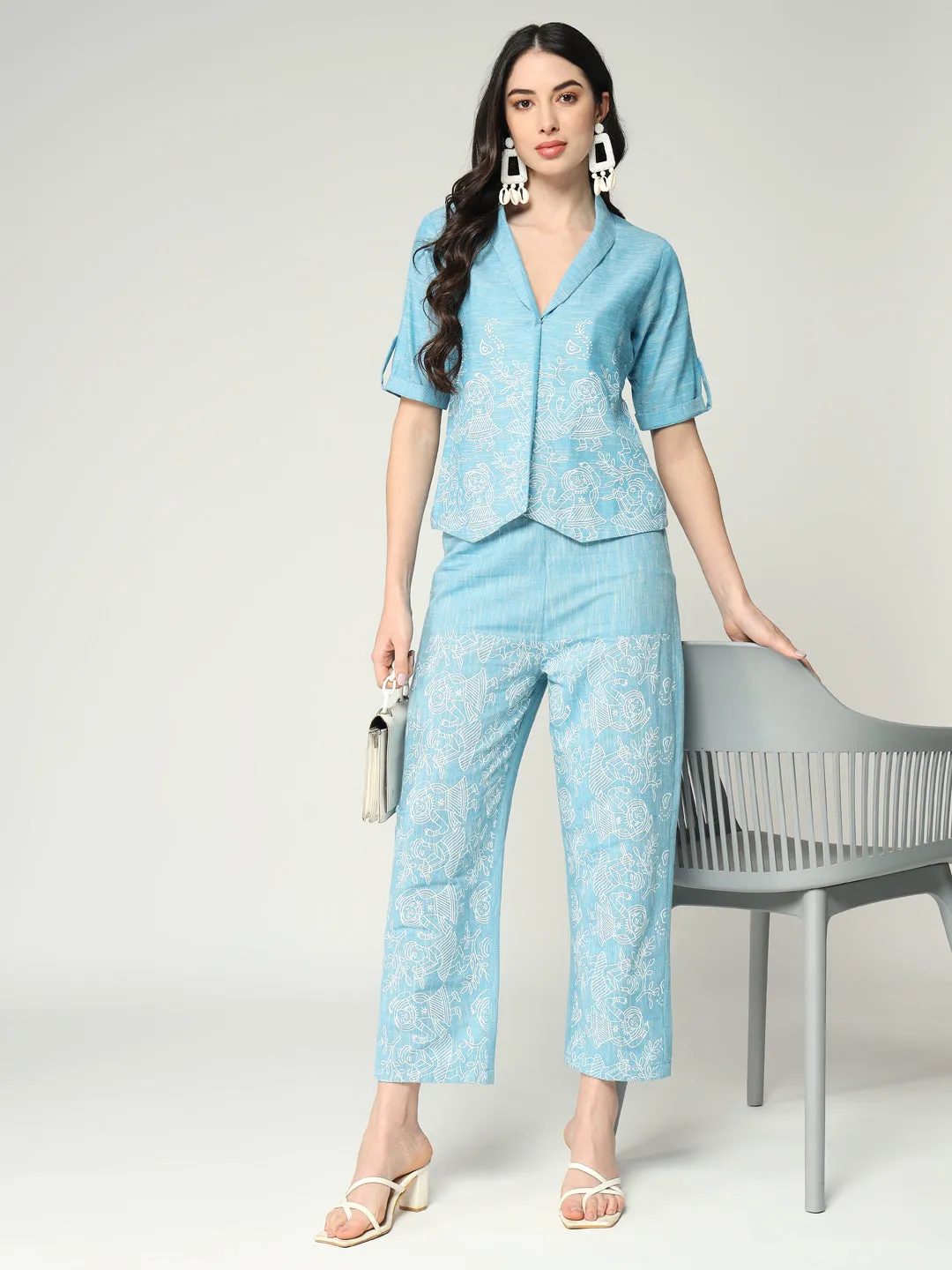 Women's Chambray Cotton Printed Stylish Cut Collared Top With Matching Pant Set