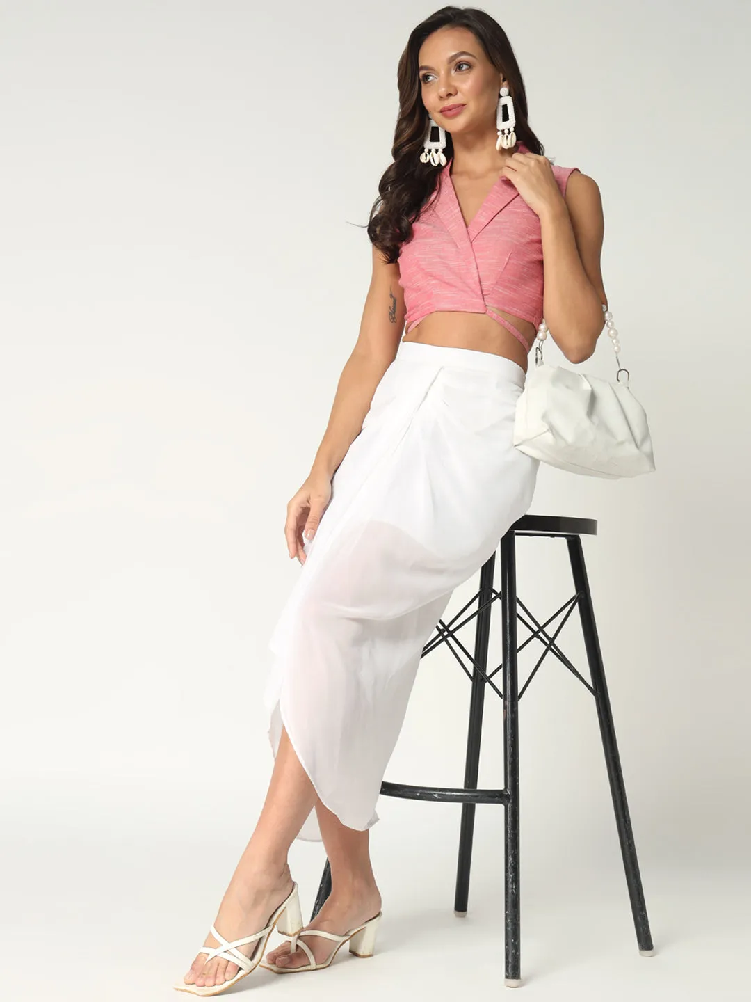 Women's Chambray Cotton Stylish Overlap Crop Top With Contrasting Pant Set