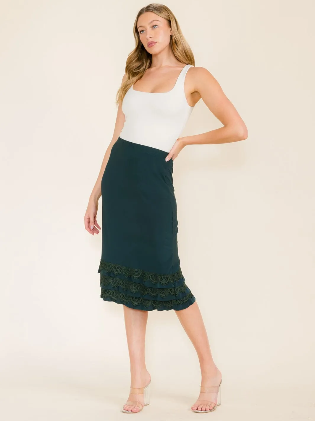 WOMEN'S ELASTIC WAIST CROCHET BOTTOM HEM MIDI SKIRT