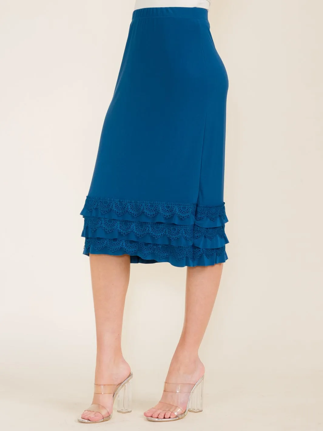 WOMEN'S ELASTIC WAIST CROCHET BOTTOM HEM MIDI SKIRT
