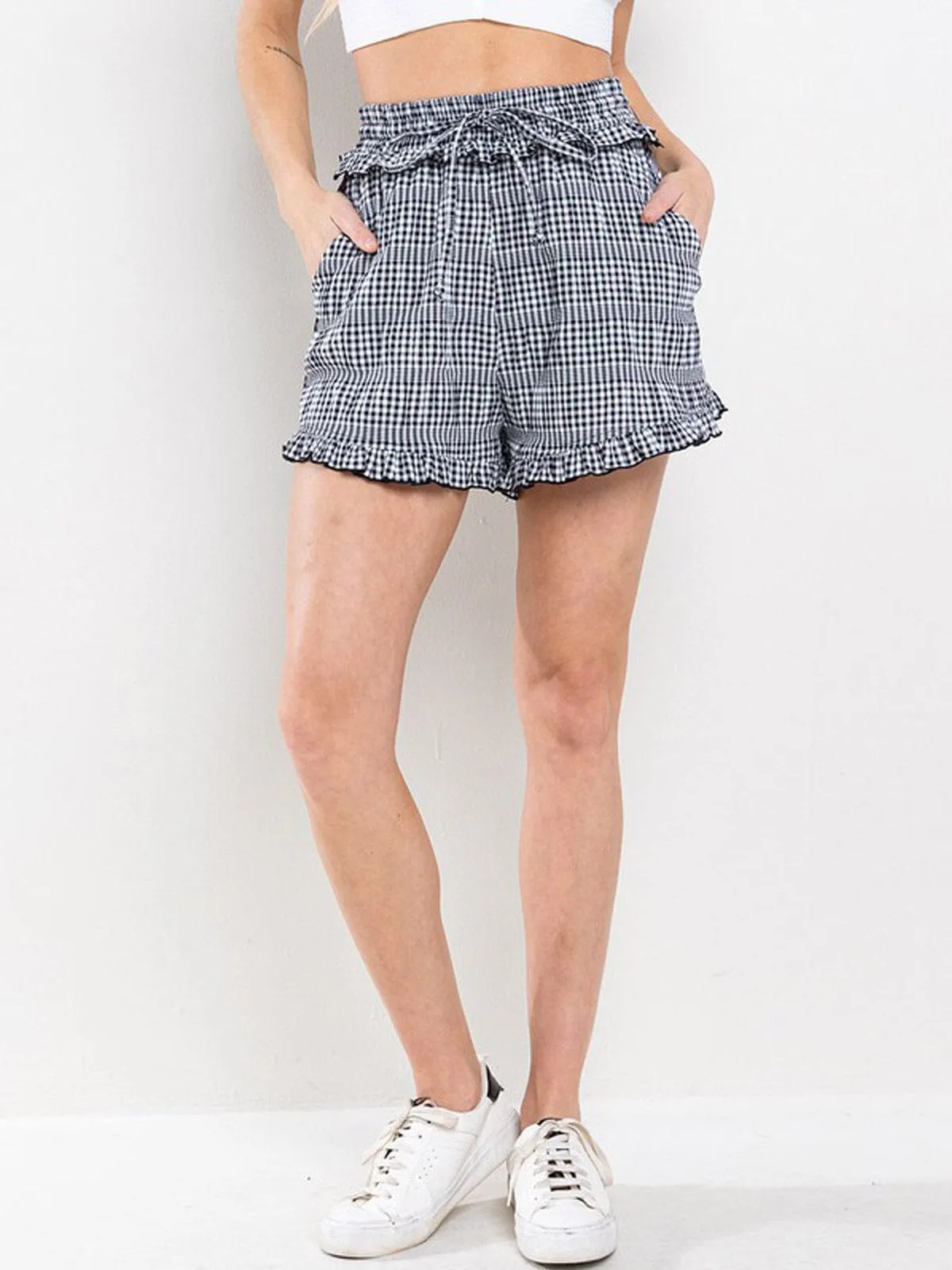 WOMEN'S ELASTIC WAIST POCKETS PLAID MINI SHORTS
