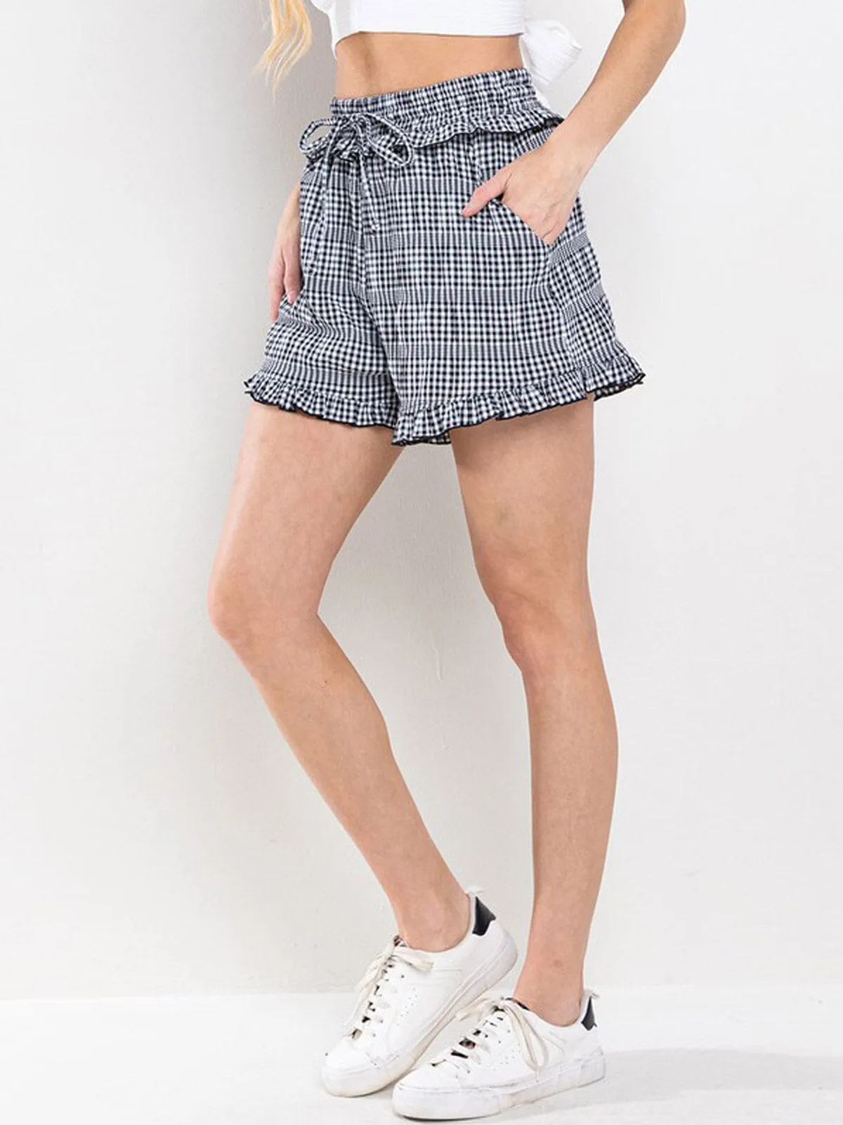 WOMEN'S ELASTIC WAIST POCKETS PLAID MINI SHORTS