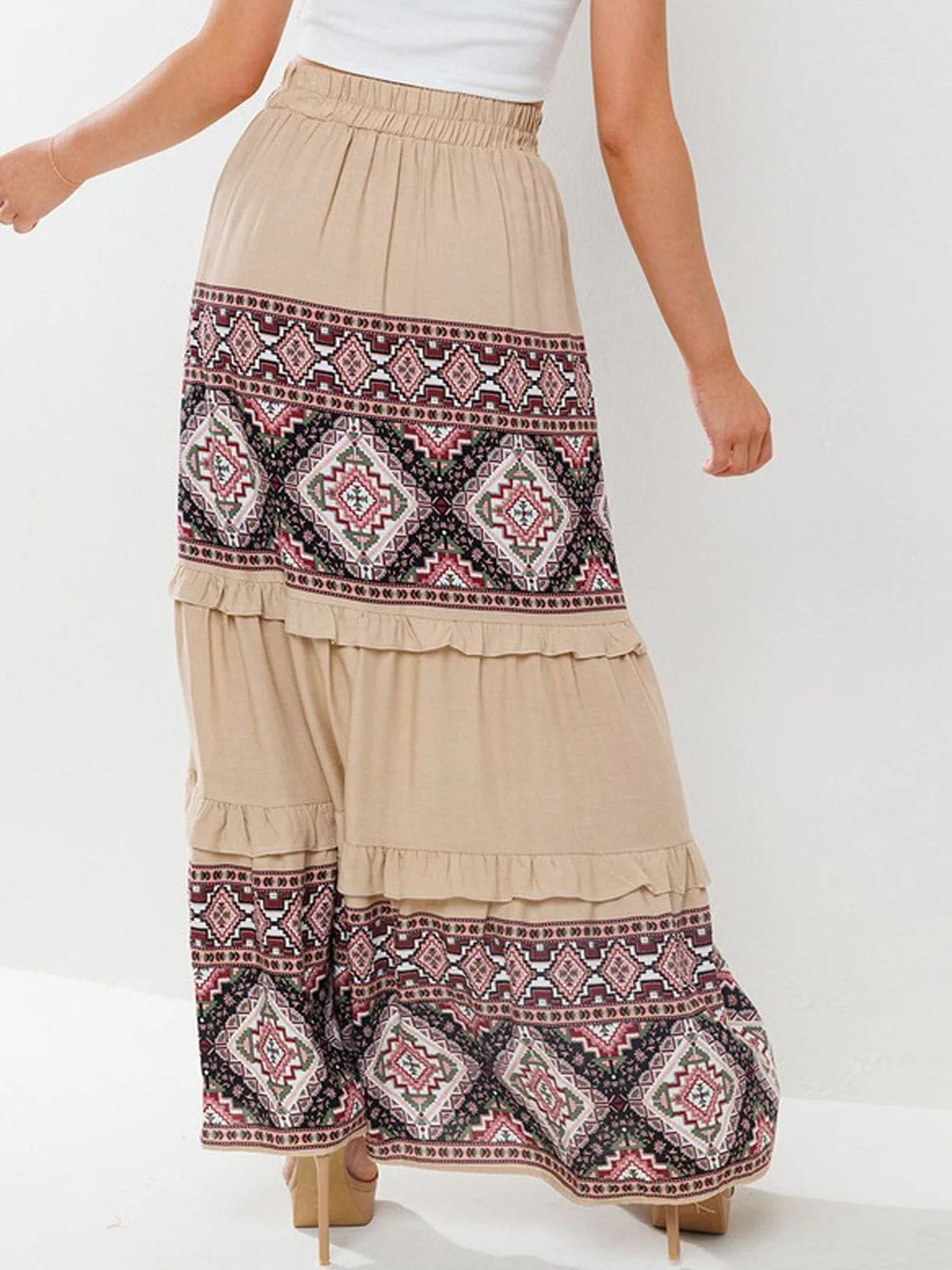 WOMEN'S ELASTIC WAIST TIERED MULTI PRINT MAXI SKIRT