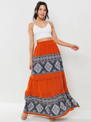 WOMEN'S ELASTIC WAIST TIERED MULTI PRINT MAXI SKIRT