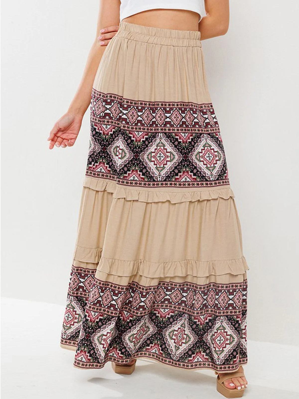 WOMEN'S ELASTIC WAIST TIERED MULTI PRINT MAXI SKIRT