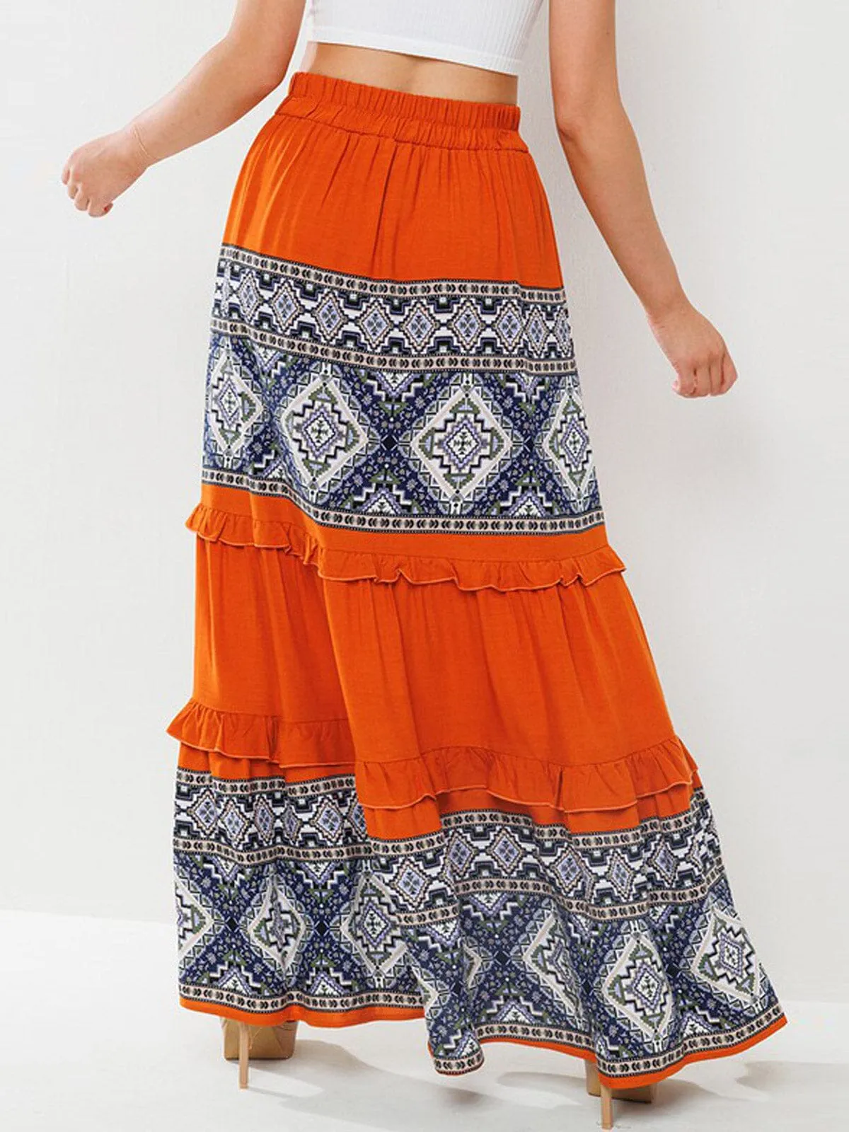 WOMEN'S ELASTIC WAIST TIERED MULTI PRINT MAXI SKIRT
