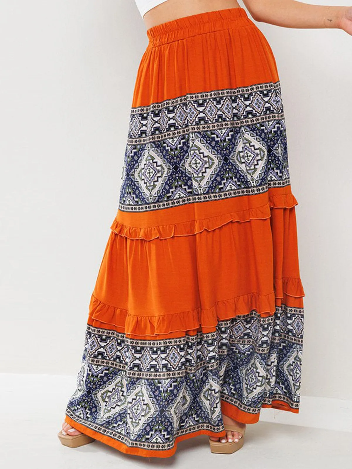 WOMEN'S ELASTIC WAIST TIERED MULTI PRINT MAXI SKIRT