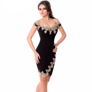 Womens Elegant Off Shoulder Mini Dress Black Lace Applique Bodycon Pencil Dresses Slim LC22715 Vestidos