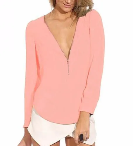 Women's Fashion Casual V Neck Long Sleeve Zipper Tops Chiffon Blouses smt102