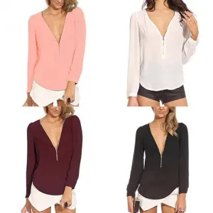 Women's Fashion Casual V Neck Long Sleeve Zipper Tops Chiffon Blouses smt102