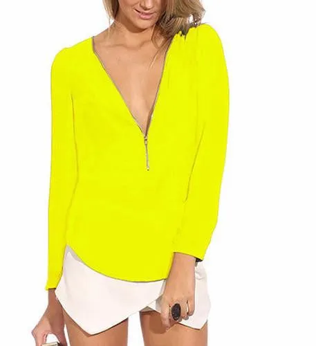 Women's Fashion Casual V Neck Long Sleeve Zipper Tops Chiffon Blouses smt102