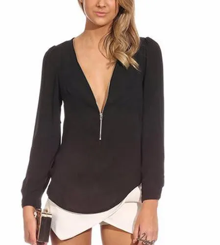 Women's Fashion Casual V Neck Long Sleeve Zipper Tops Chiffon Blouses smt102