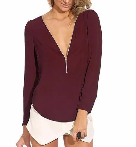 Women's Fashion Casual V Neck Long Sleeve Zipper Tops Chiffon Blouses smt102