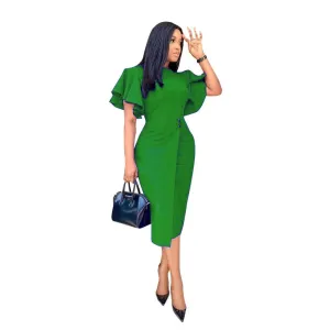 Women's Form Fitting Wrap Style Midi Dress with Short Sleeves