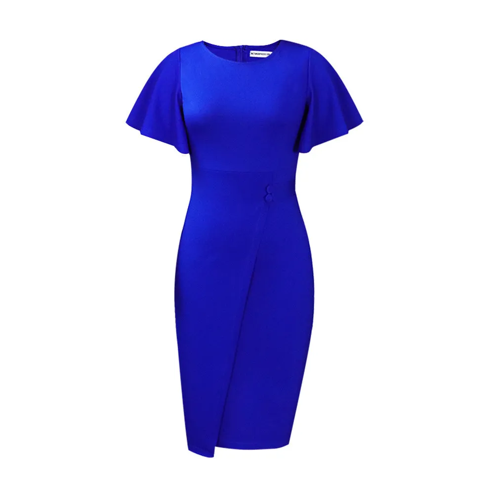 Women's Form Fitting Wrap Style Midi Dress with Short Sleeves