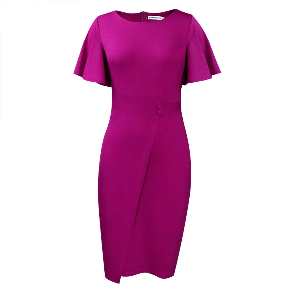 Women's Form Fitting Wrap Style Midi Dress with Short Sleeves