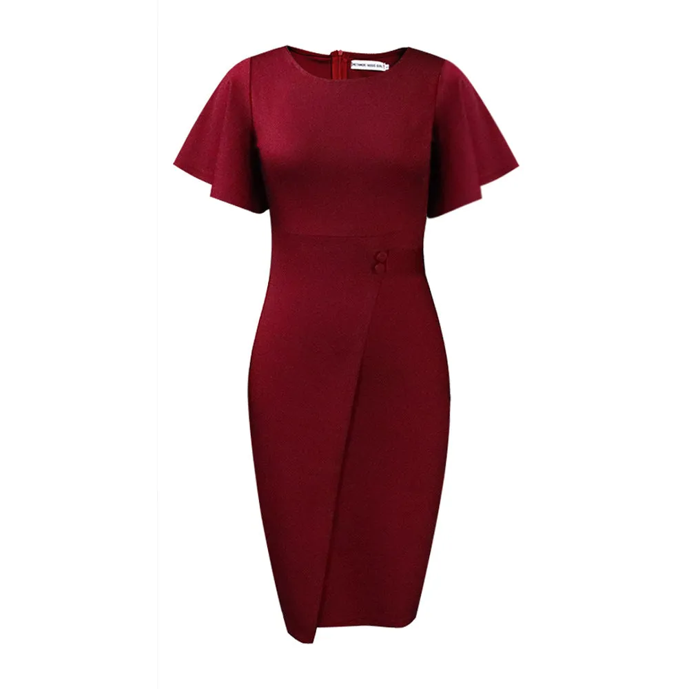 Women's Form Fitting Wrap Style Midi Dress with Short Sleeves