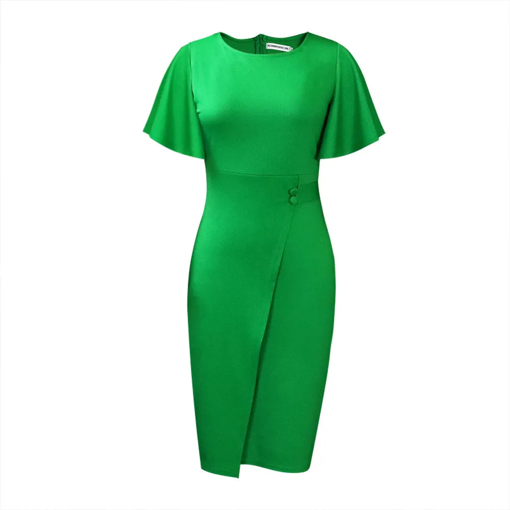 Women's Form Fitting Wrap Style Midi Dress with Short Sleeves
