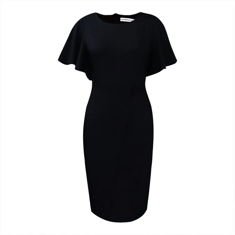 Women's Form Fitting Wrap Style Midi Dress with Short Sleeves