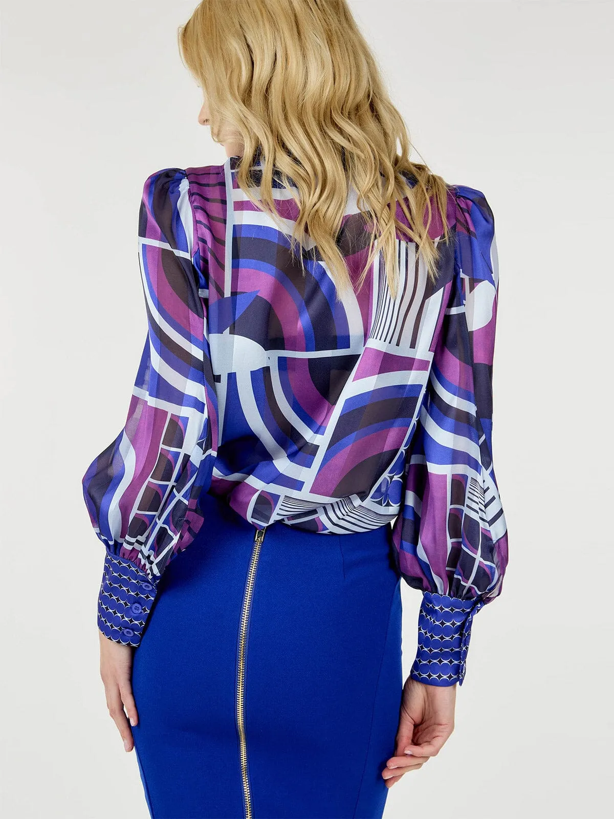 WOMEN'S LONG PUFF SLEEVE BUTTON CLOSURE MULTI PRINT BLOUSE