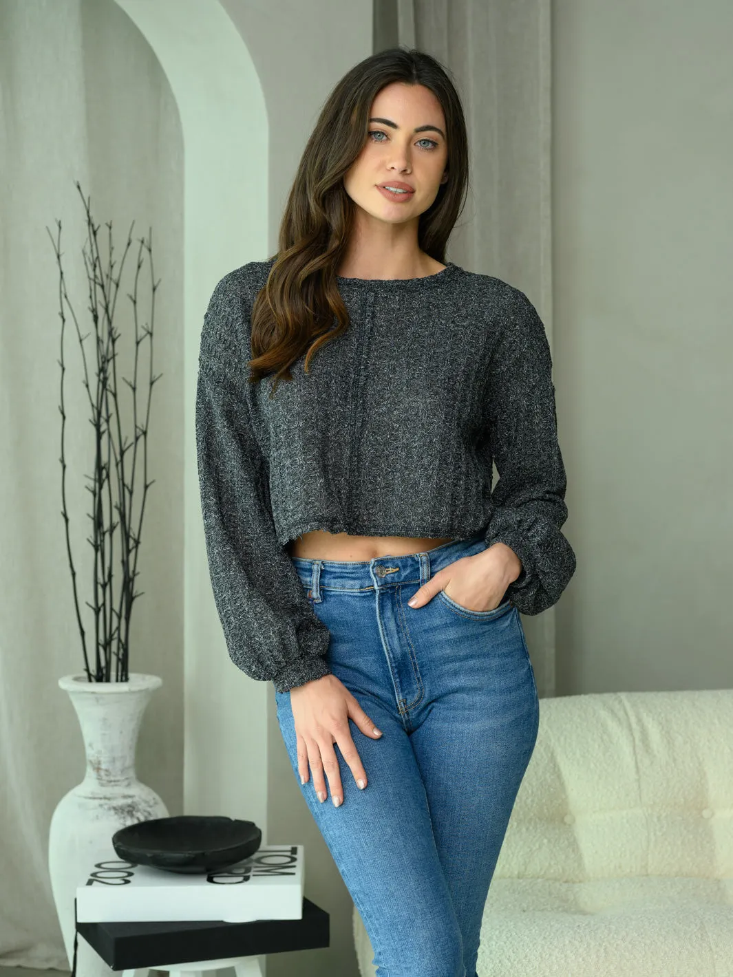 WOMEN'S LONG PUFF SLEEVE KNIT CROP TOP