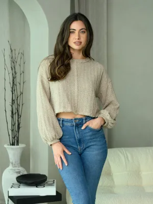 WOMEN'S LONG PUFF SLEEVE KNIT CROP TOP