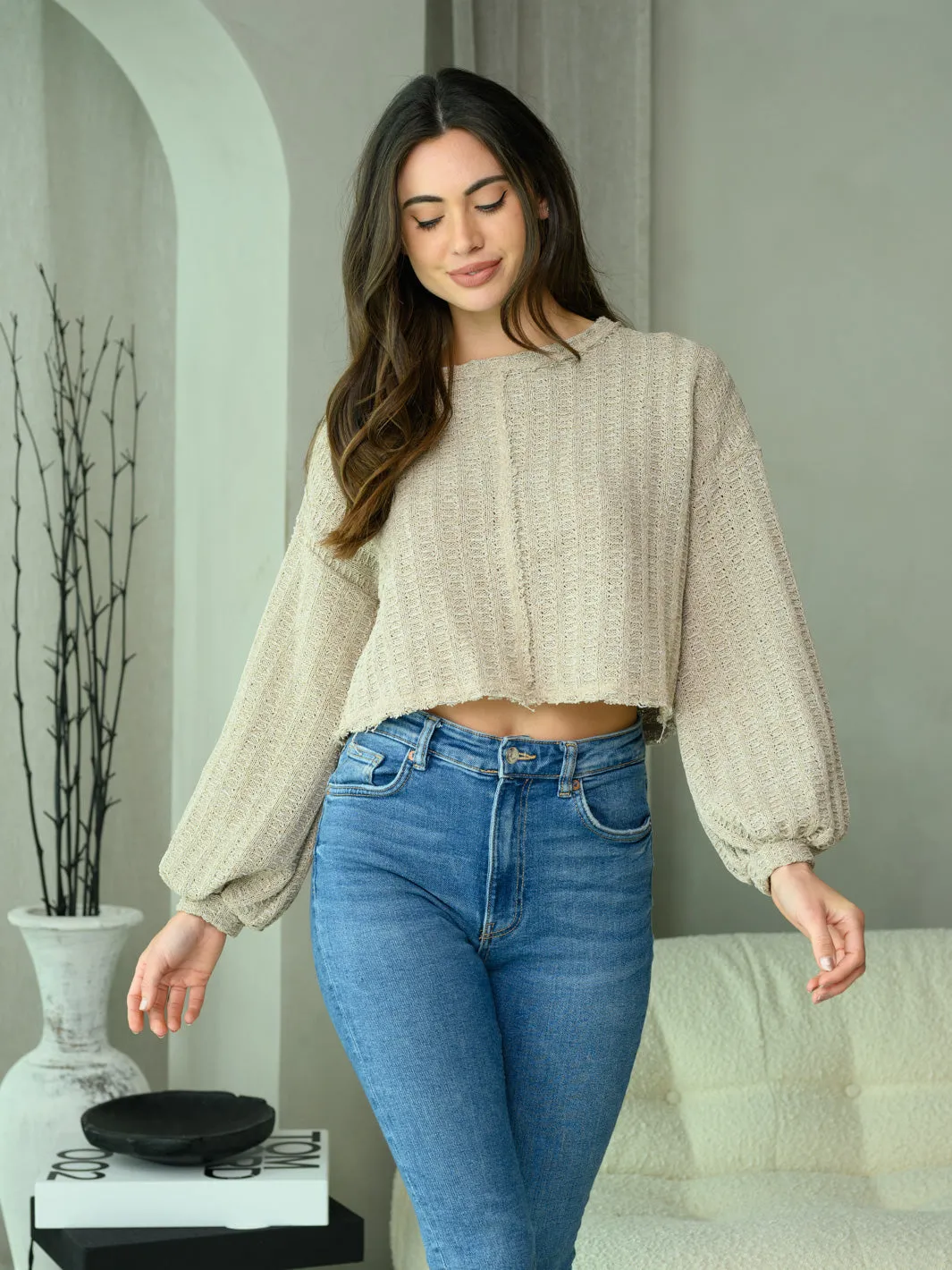 WOMEN'S LONG PUFF SLEEVE KNIT CROP TOP