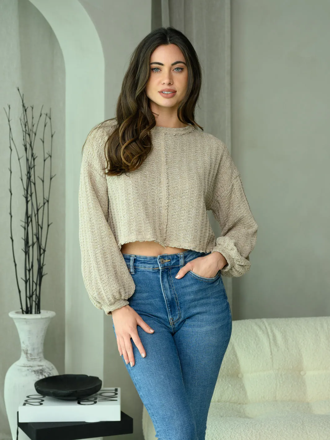 WOMEN'S LONG PUFF SLEEVE KNIT CROP TOP