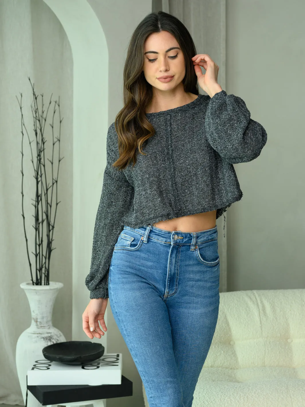 WOMEN'S LONG PUFF SLEEVE KNIT CROP TOP