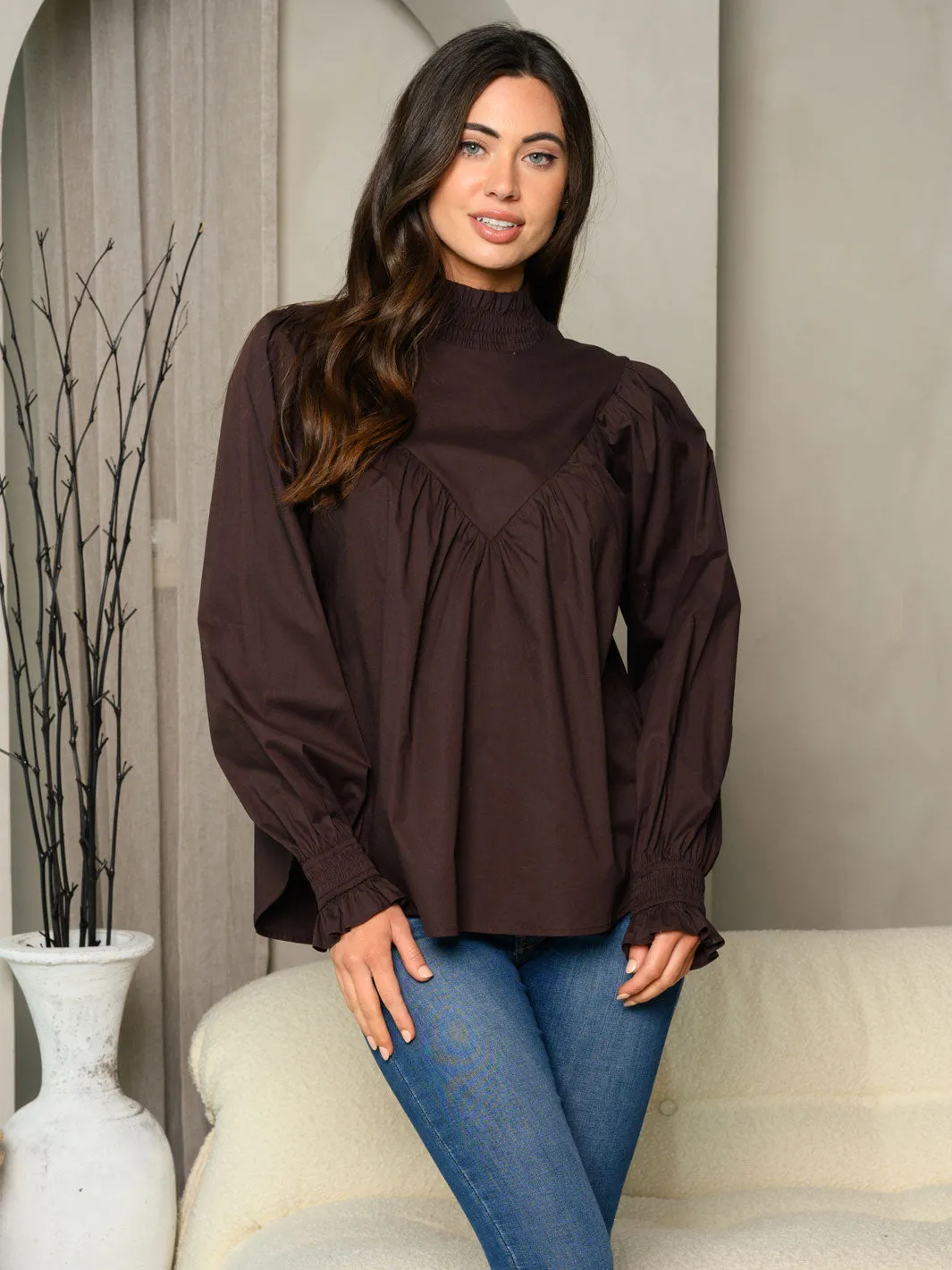 WOMEN'S LONG PUFF SLEEVE SMOCK NECK TOP
