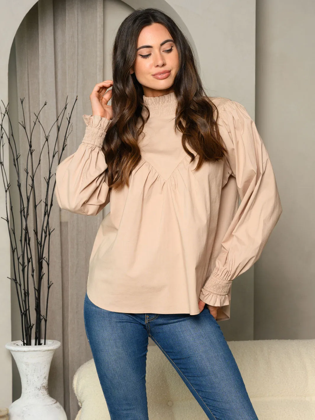 WOMEN'S LONG PUFF SLEEVE SMOCK NECK TOP
