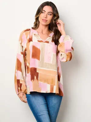 WOMEN'S LONG PUFF SLEEVE V-NECK MULTI PRINT BLOUSE TOP