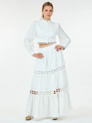 WOMEN'S LONG SLEEVE CROP TOP & ZIP UP MAXI SKIRT TIERED EYELET 2PC.SET