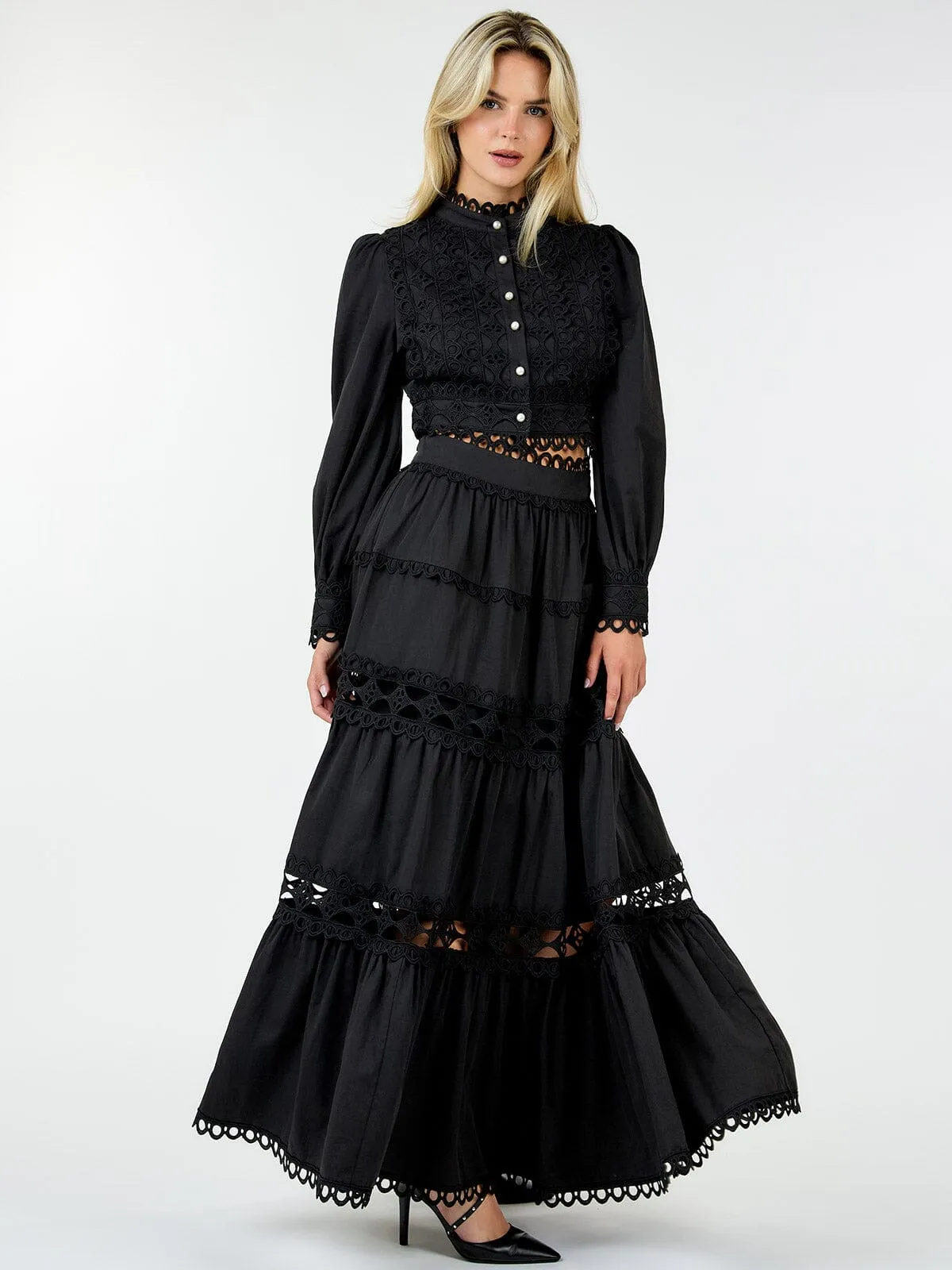 WOMEN'S LONG SLEEVE CROP TOP & ZIP UP MAXI SKIRT TIERED EYELET 2PC.SET