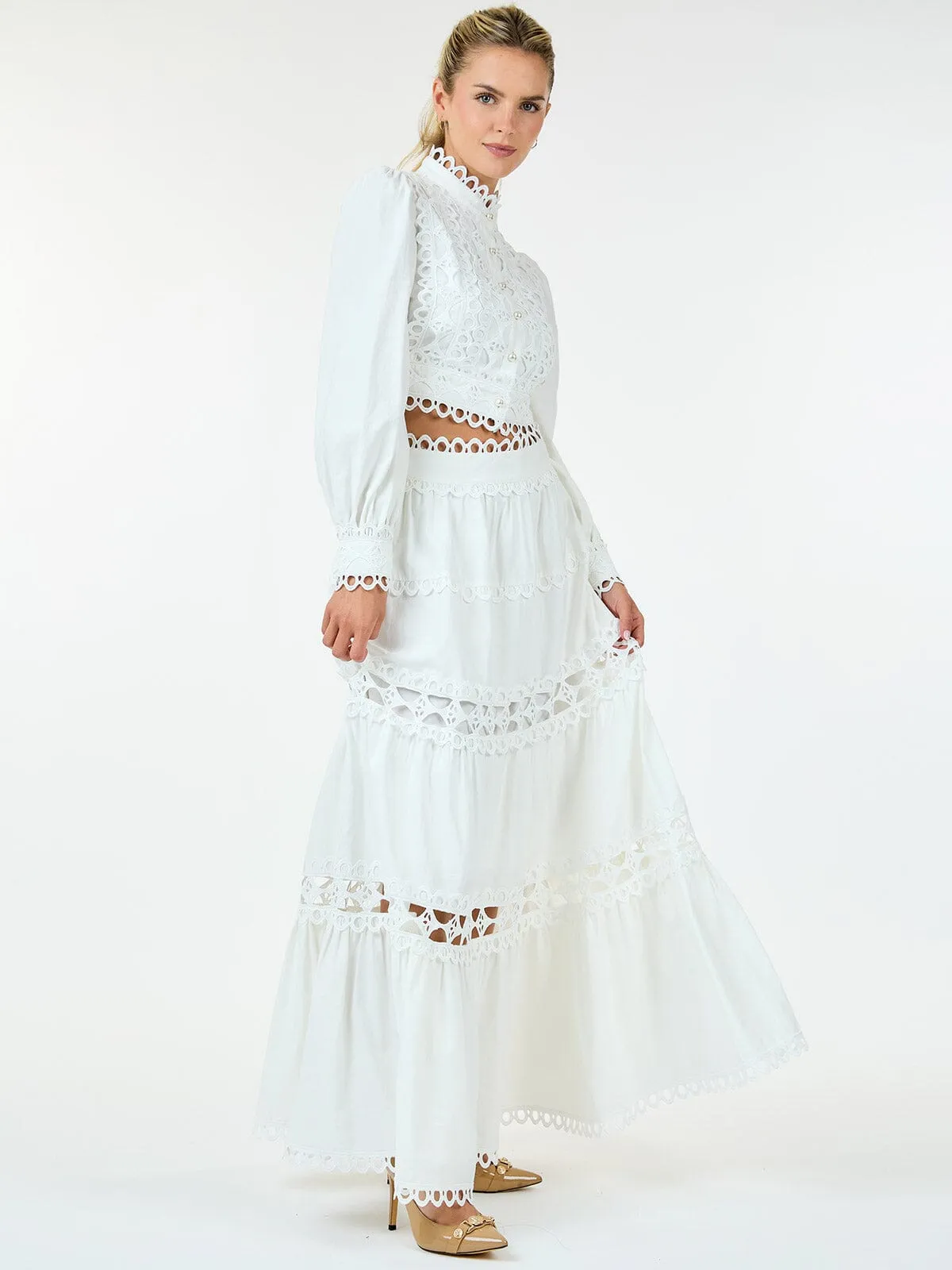 WOMEN'S LONG SLEEVE CROP TOP & ZIP UP MAXI SKIRT TIERED EYELET 2PC.SET