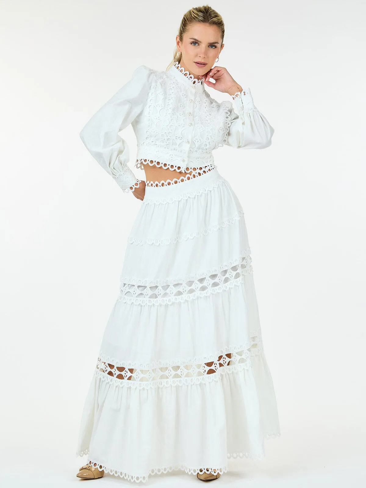 WOMEN'S LONG SLEEVE CROP TOP & ZIP UP MAXI SKIRT TIERED EYELET 2PC.SET
