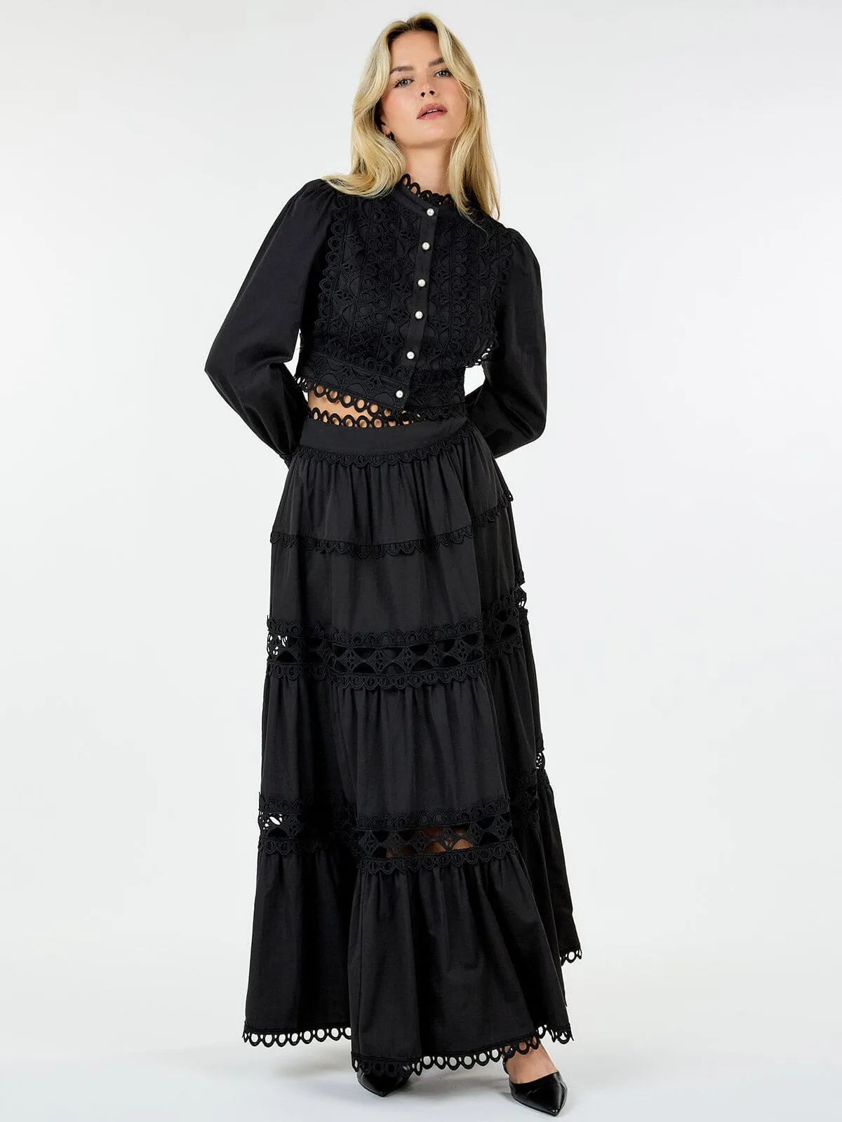 WOMEN'S LONG SLEEVE CROP TOP & ZIP UP MAXI SKIRT TIERED EYELET 2PC.SET