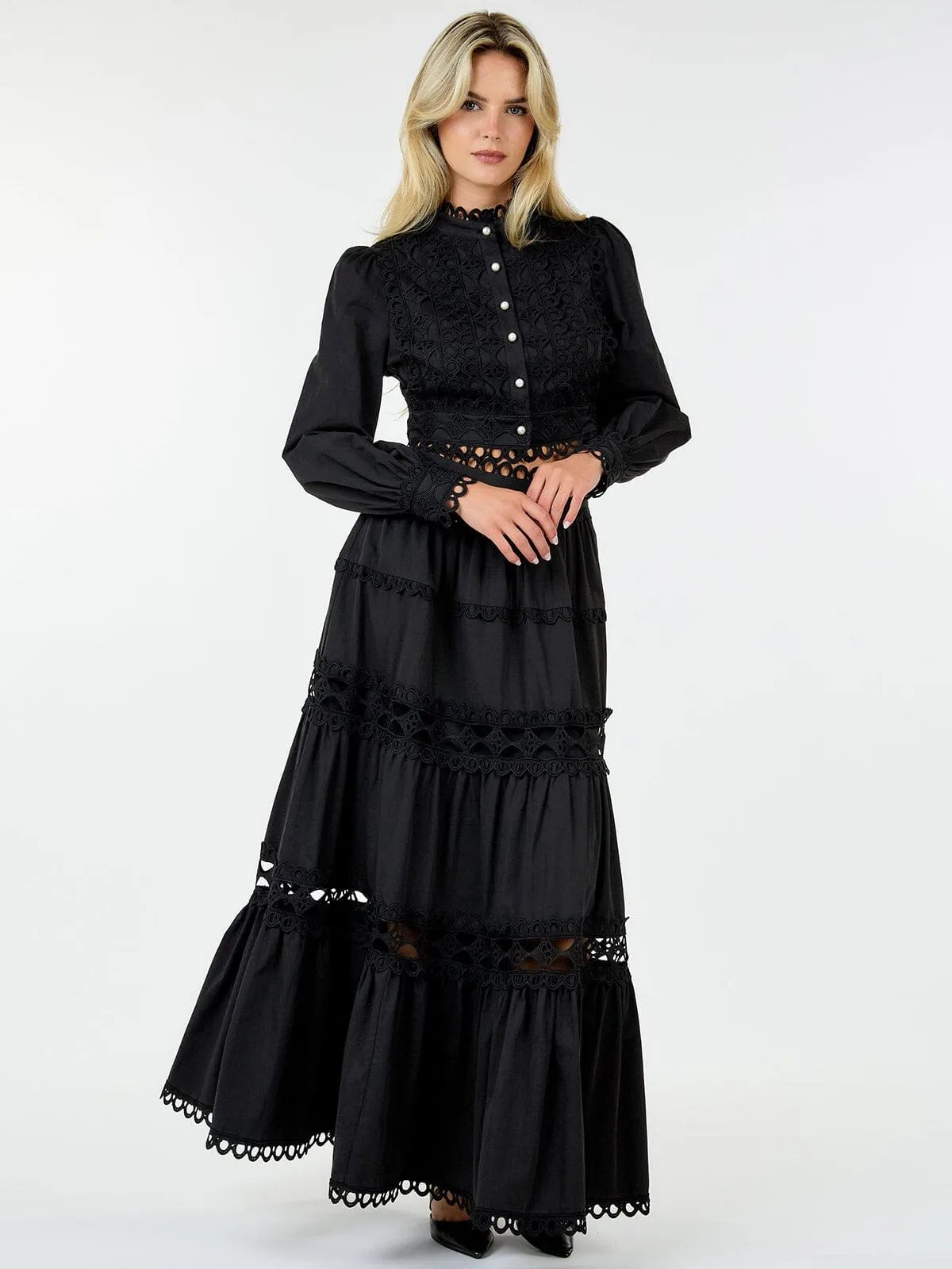 WOMEN'S LONG SLEEVE CROP TOP & ZIP UP MAXI SKIRT TIERED EYELET 2PC.SET