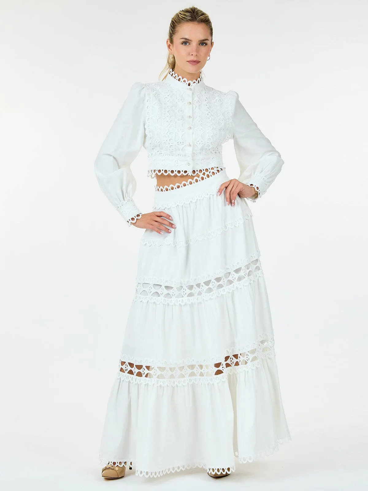 WOMEN'S LONG SLEEVE CROP TOP & ZIP UP MAXI SKIRT TIERED EYELET 2PC.SET
